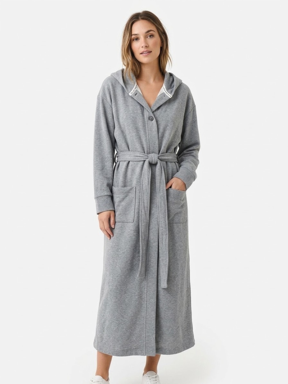 Wings + Horns Gray Hooded Belted Robe Coat